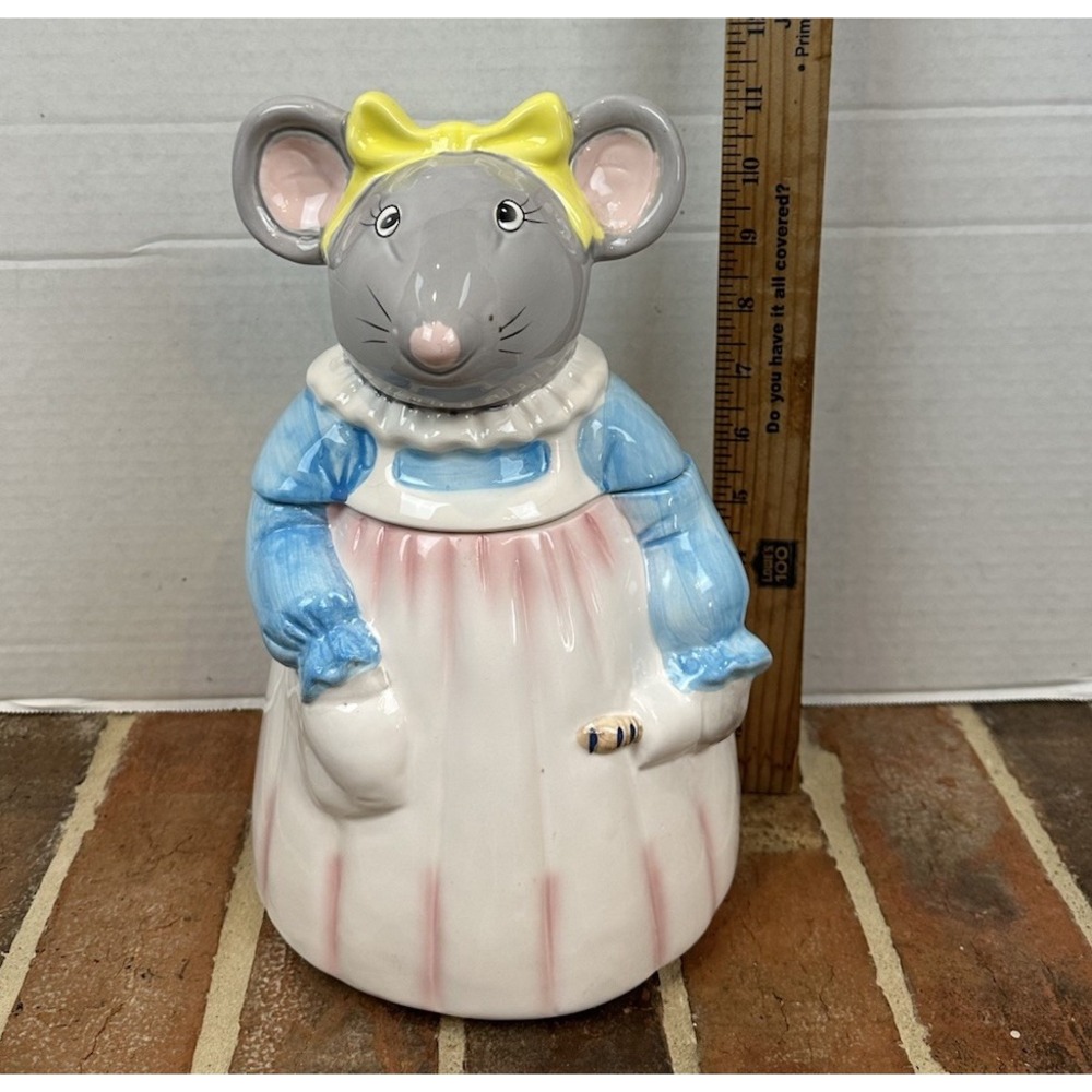 Vintage 80s Miss Mouse Cookie Jar Hand Painted Pink Blue Dress Anthropomorphic